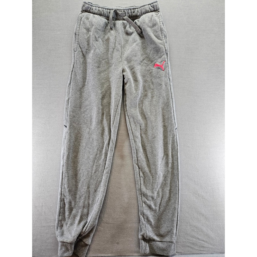 Puma Boys Heather Gray Fleece Jogger Sweatpants Pink Logo Size L 14-16